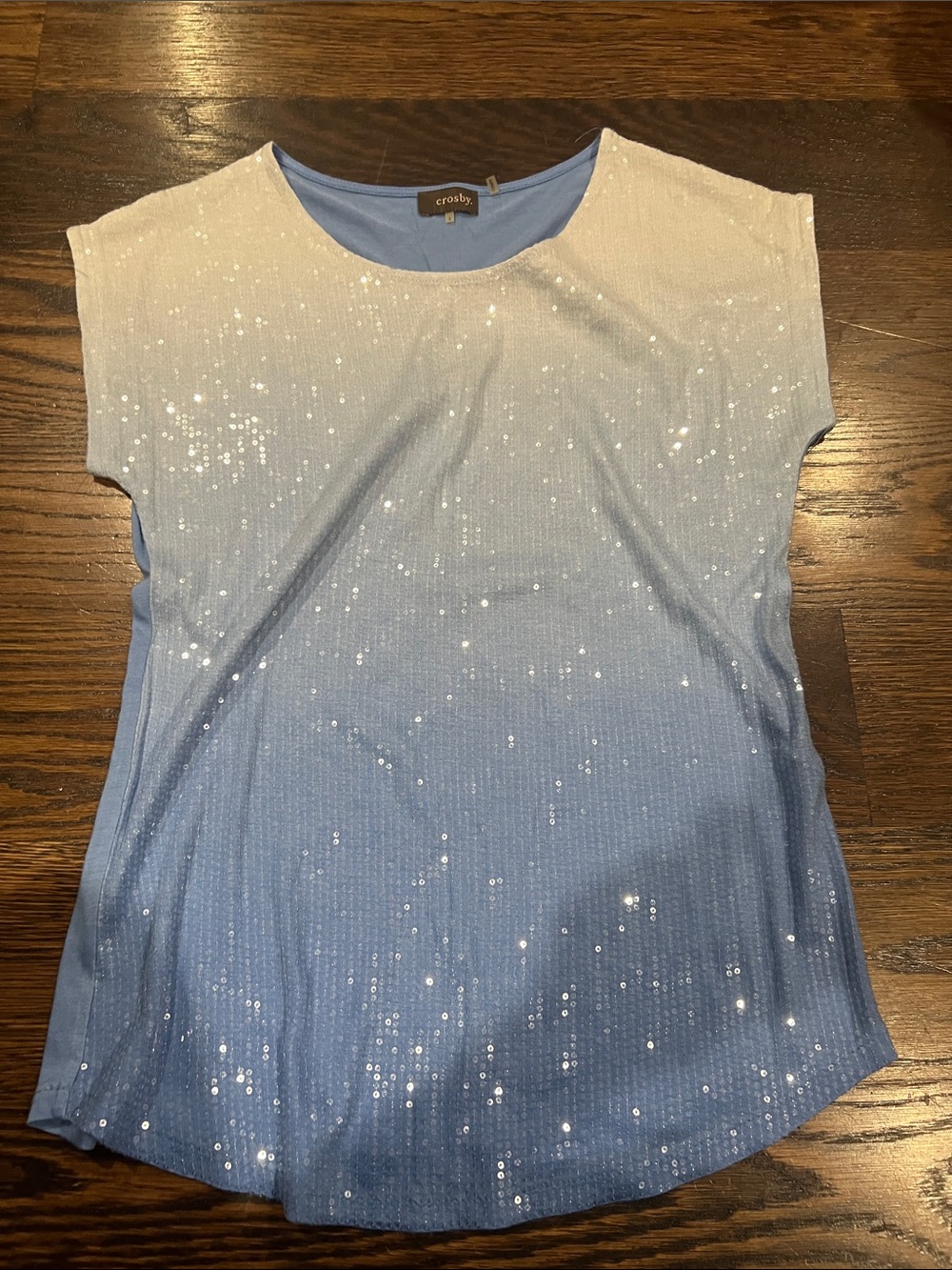 crosby. Blue & White Ombre Sequin Short Sleeve Top
